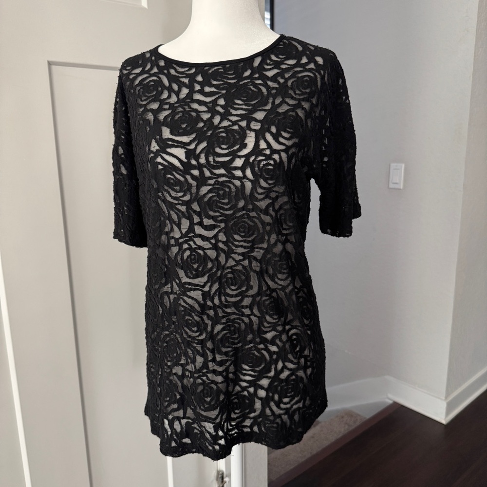 ASOS black lace rose-patterned sheer short sleeve top with sexy open back detail